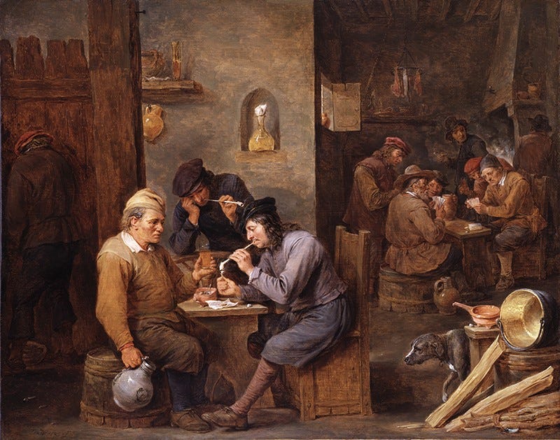 Oil painting of groups of people in plain 17th-century clothing sitting in a tavern. They are smoking long clay pipes and drinking from clay jugs and cups.