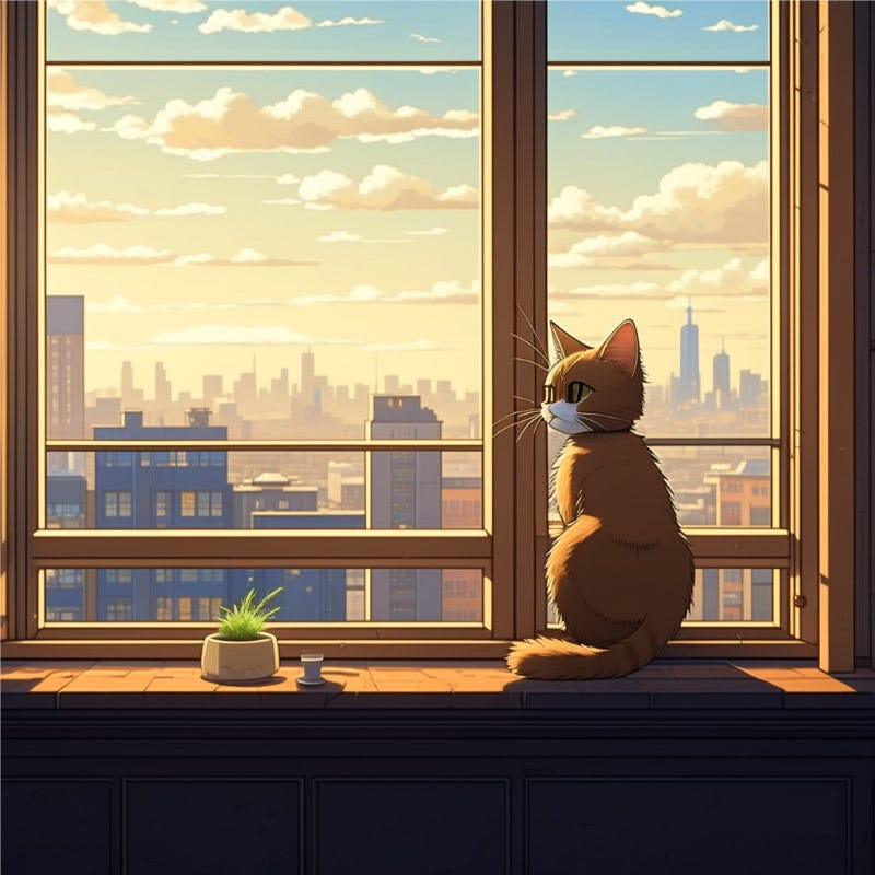 Prompt ‘A photorealistic image of a cat sitting on a windowsill, looking out at a cityscape, Anime’