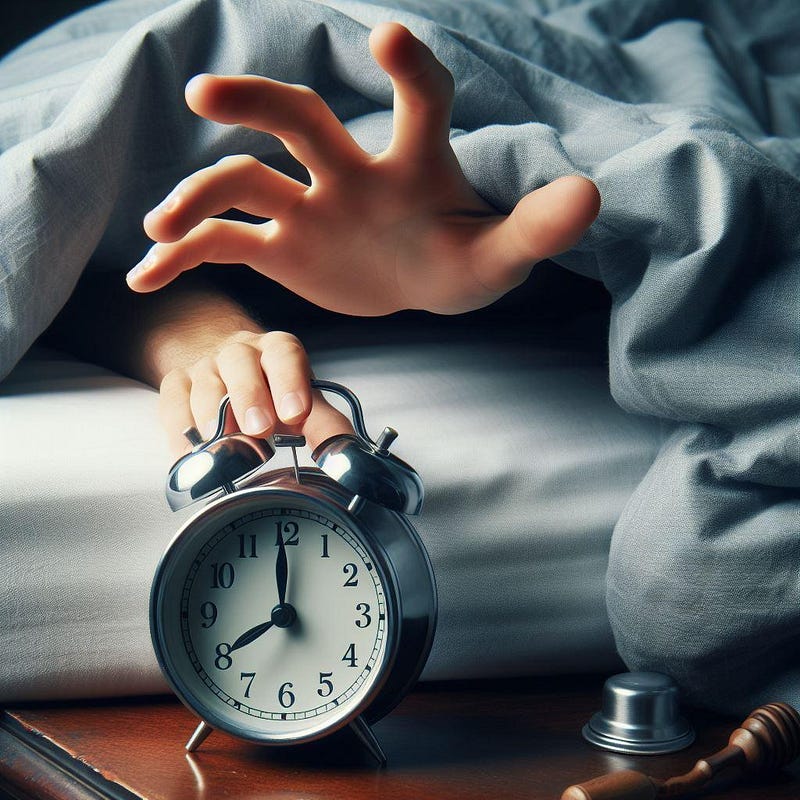 A hand appearing from under the blankets to silence the noisy alarm clock
