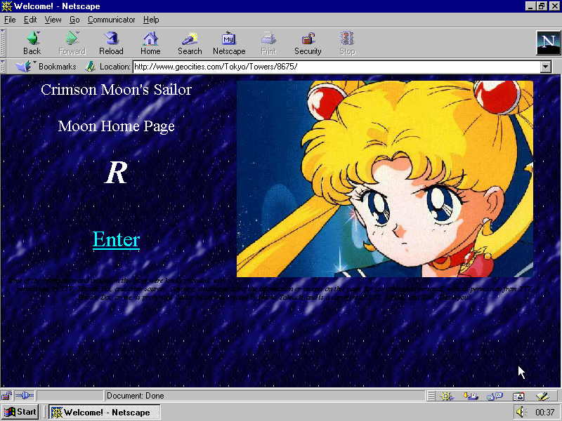 1990s GeoCities website about Sailor Moon.