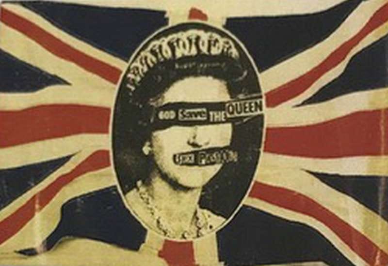 Sex pistols, god save the queen. British flag with provoking image of the queen