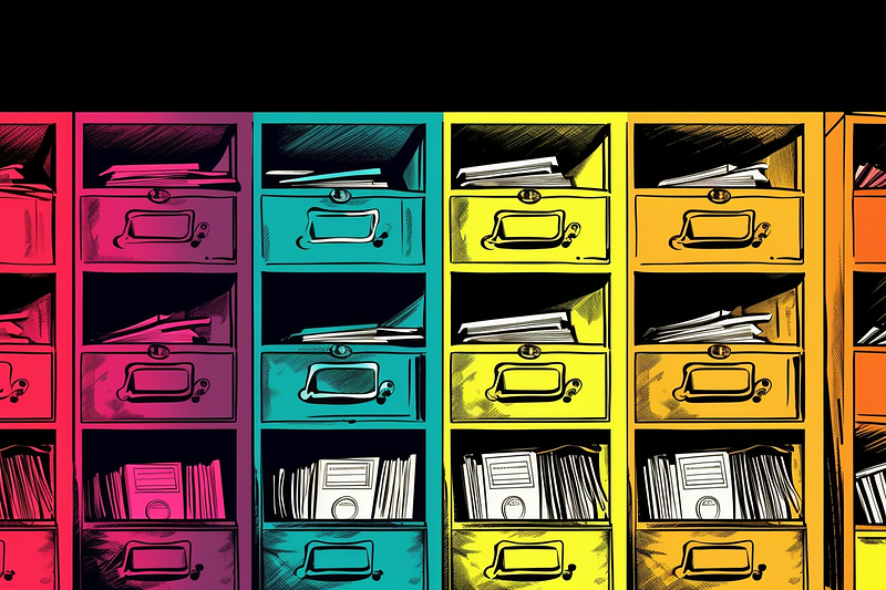 Pop art illustration of filing cabinets filled with folders