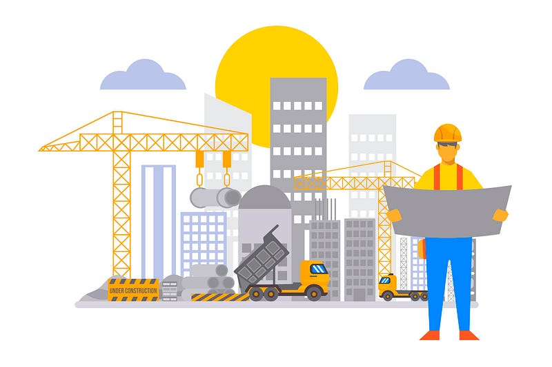 This illustration represents modern construction planning and urban development, featuring cranes, high-rise buildings, construction vehicles, and a site engineer reviewing blueprints. It highlights the role of architects, engineers, and planners in managing large-scale construction projects. Ideal for showcasing architecture firms, construction services, project management, and smart city development with a focus on planning, safety, and efficient execution.
