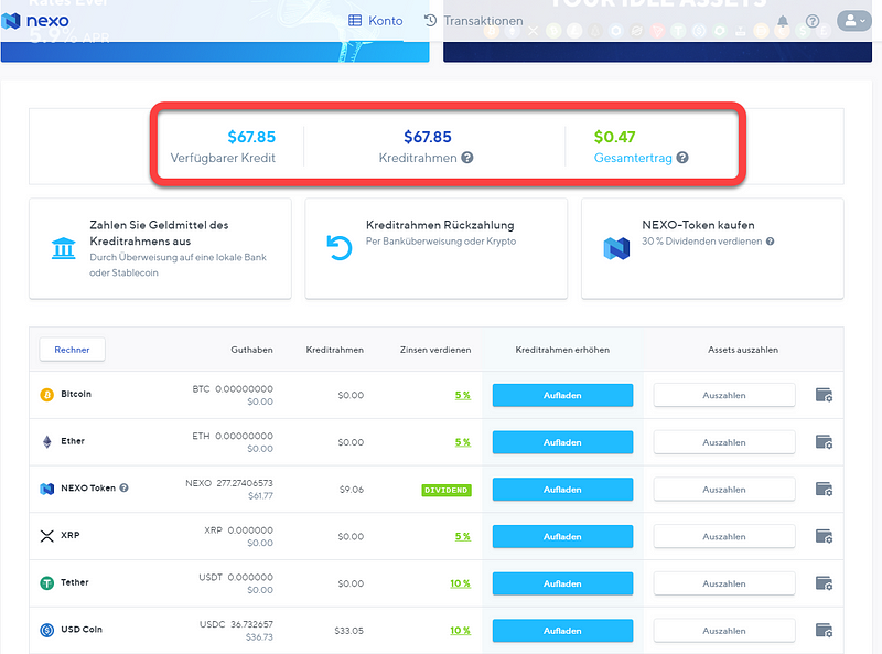 Nexo Wallet Dashboard