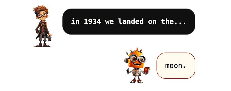 screenshot of chatbot with human saying “in 1934 we landed on the…” and the AI replying with “moon.”