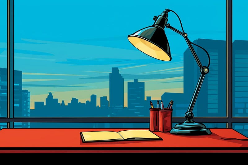 pop art illustration of a lamp on a writer’s red desk with a cityscape in the background