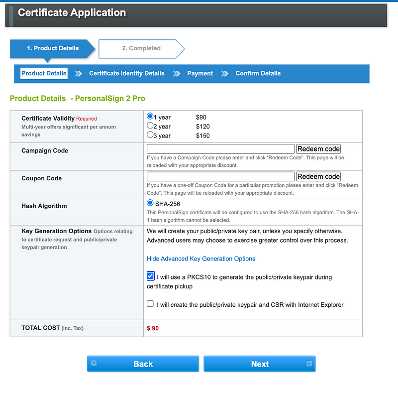 GlobalSign Certificate Application
