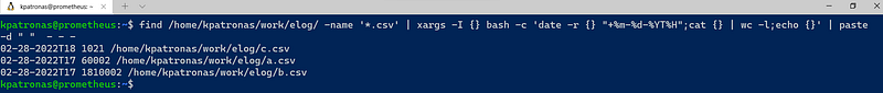 Bash: find CSV files, count their rows, and print modification time; all in one line!