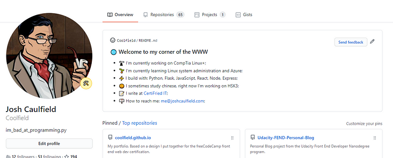 Screenshot of GitHub profile showing profile readme from user perspective