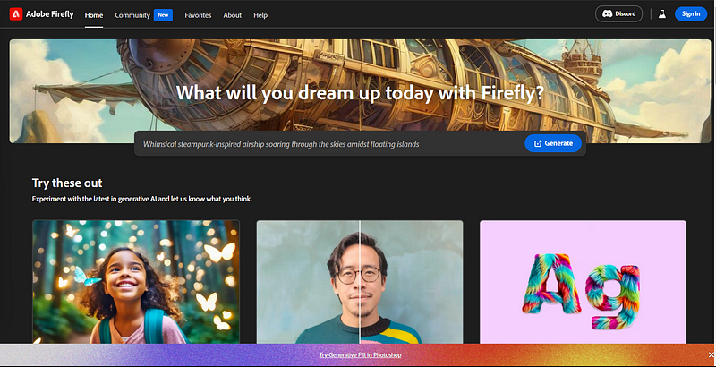 Homepage of Firefly by Adobe