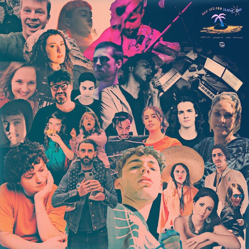 A colourful and vibrant collage of over 25 faces, some facing the camera, some gazing into the distance. A young girl sits on top of her Dad’s shoulders, sticking her tongue out. A young woman is biting into a piece of fruit. A man sits in a dark room surrounded by keyboards and computer screens, while another is singing into a microphone. All of these people are artists who feature on Spirit Level’s WAV Island: Season 1 compilation album.