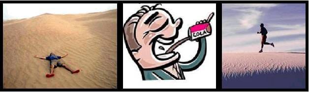 A comic strip showing man laying on ground on the left, drinking cola in the middle, and running on the right, which is opposite of what the order of graphics should be for right-to-left readers.