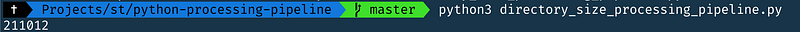 The command line and result when executing the pipeline via Python