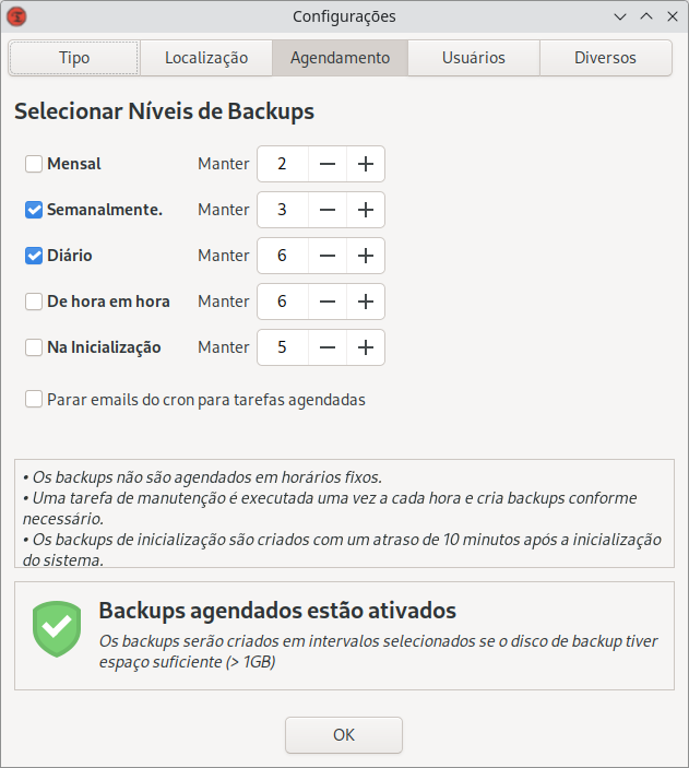 Screenshot da configuração dos agendamentos de backup automático