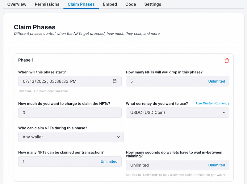 Different phases control when the NFTs get dropped, how much they cost, and more