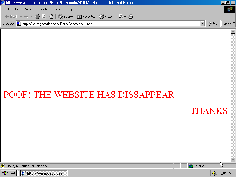 A 1990s GeoCities website indicating the disappearance of the website.