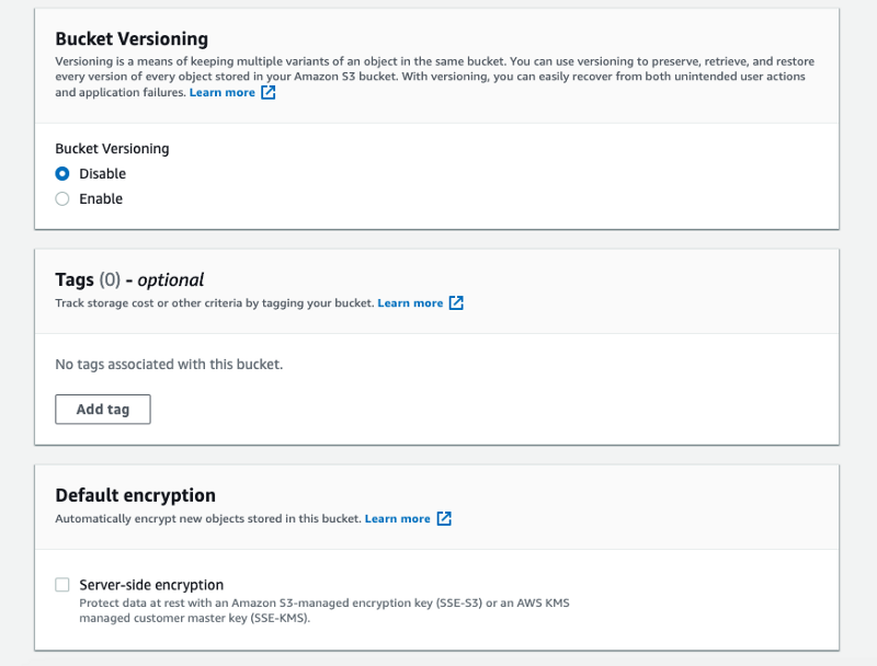 Creating a bucket — Versioning, tags and encryption