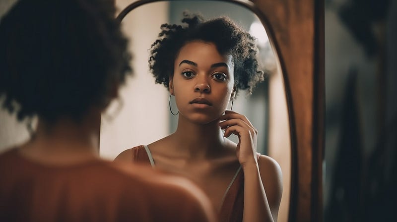 A young woman looking at her reflection in the mirror touching her face.