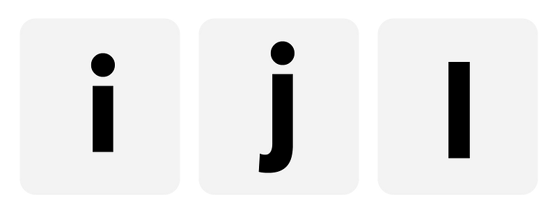 Side by side of characters: lower case 1, lower case j, and lower case l