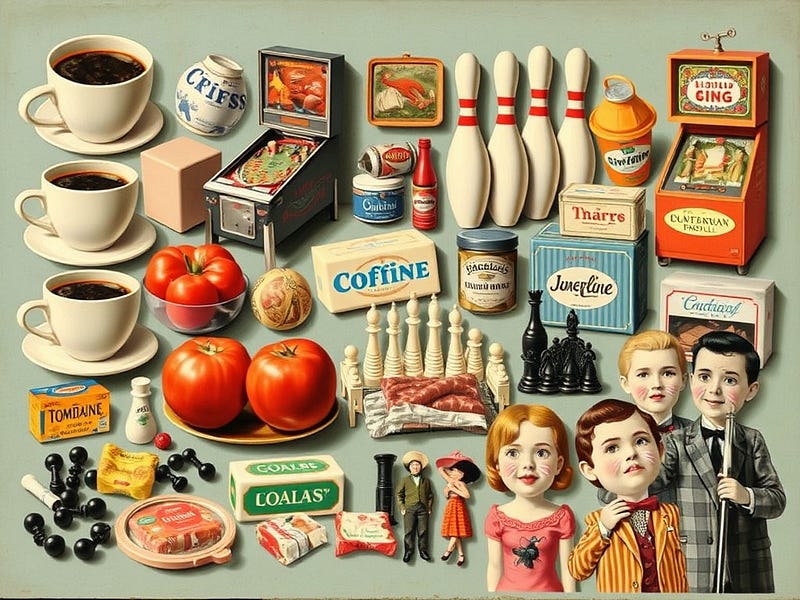 A whimsical collage featuring coffee cups, pinball machines, bowling pins, margarine tubs, chess pieces, tomatoes, soap bars, makeup, dancing couples, and sneezing faces, all arranged in a playful, vintage-style composition.