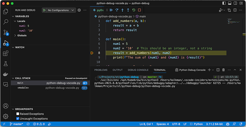 A screenshot of Visual Studio Code when debugging a Python program.
