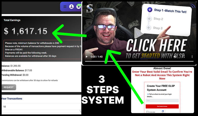Collage showing an earnings dashboard, a video thumbnail with steps to start using OLSP, and a sign-up form to create a free OLSP system account.