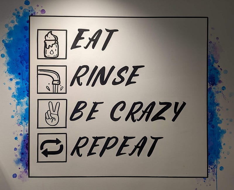 Planning: sign with checklist reading “Eat, rinse, be crazy, repeat”