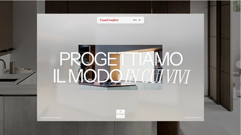 Minimal editorial-style homepage for Casa Comfort Arreda featuring oversized Italian typography, soft neutral tones, elegant interior photography, and a refined luxury furniture aesthetic.