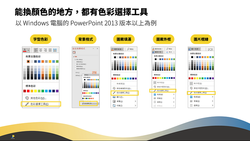 任何一個換顏色的地方，都有「色彩選擇工具」