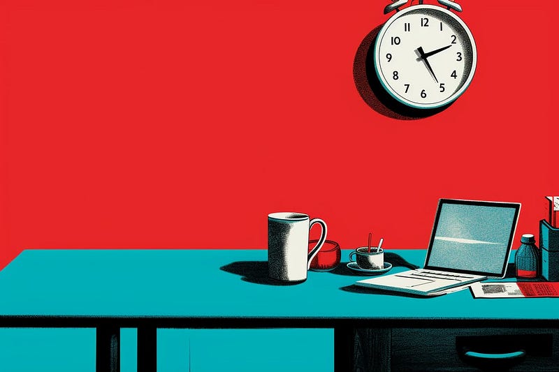 a clock on a red wall behind a work desk