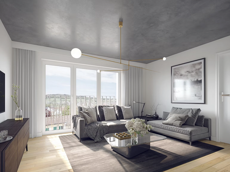 open livingroom with gray ceiling and furniture and lot of light