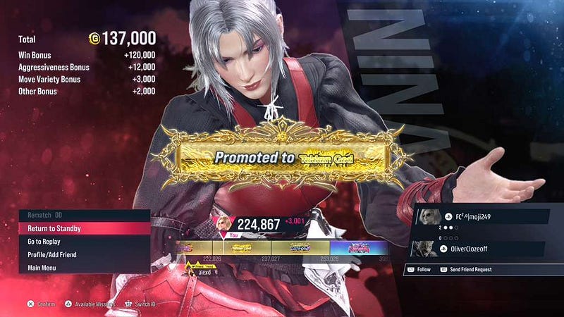 promotion to top 0.5–1% of players in Tekken God rank with Nina Williams