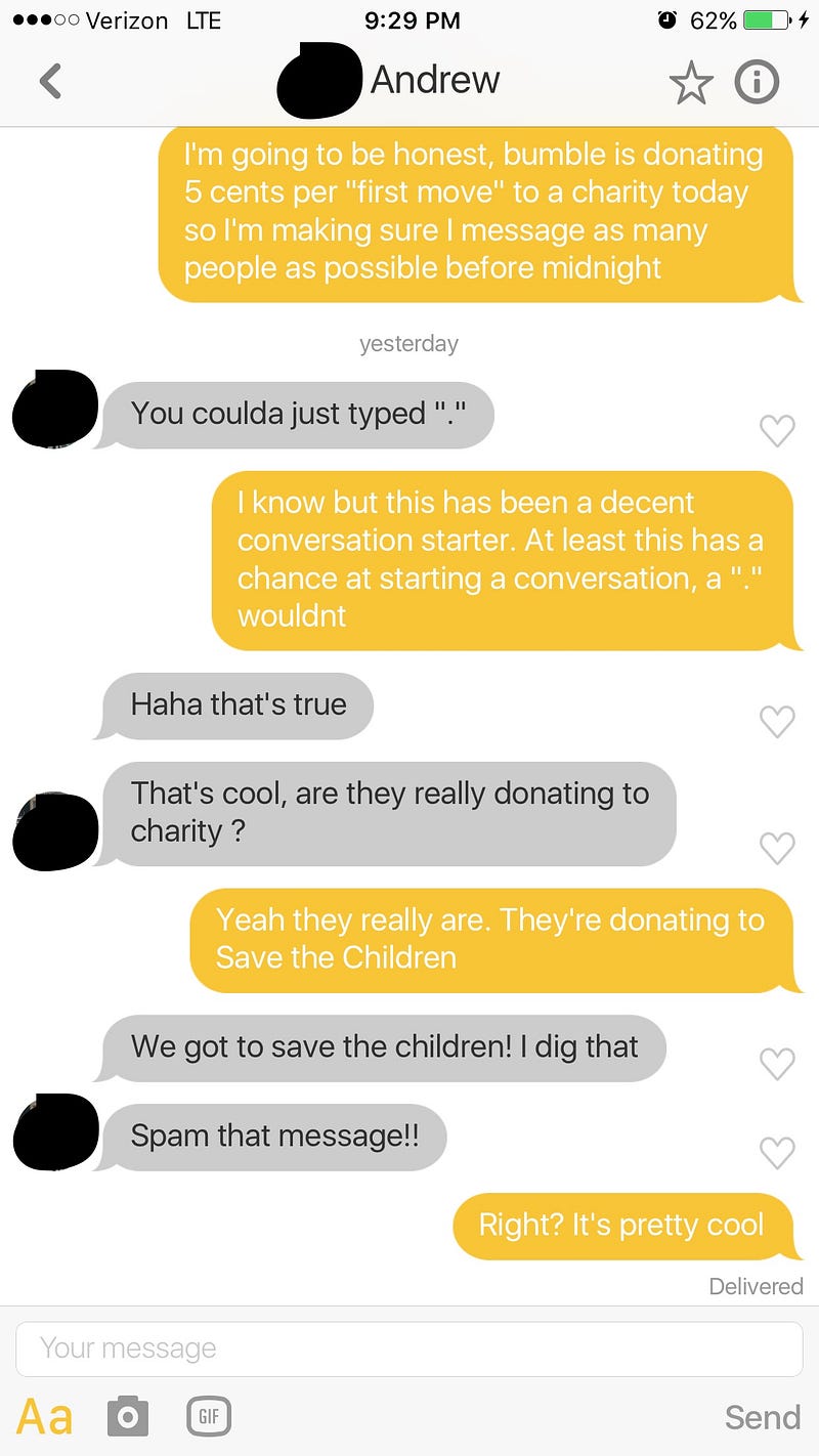 Bumble Offered to Donate 5 Cents per First Message, So I Messaged 300