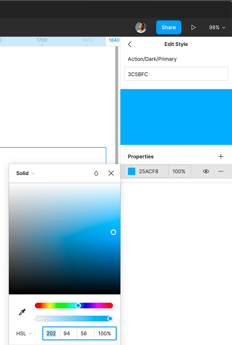 The color dialog showing HSL values for Action/Dark/Primary