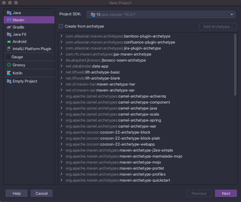An image of the screen IntelliJ shows to choose the build tool, with Maven selected and the default archetype