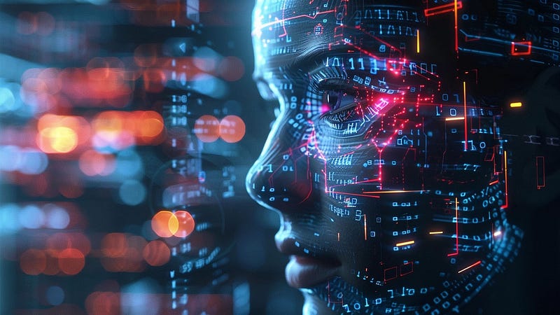 A digital artwork depicting a close-up of a humanoid face overlaid with bright red and blue circuitry patterns and binary code, symbolizing advanced technology and artificial intelligence. The background features an abstract blur of lights and circuitry, enhancing the futuristic theme.