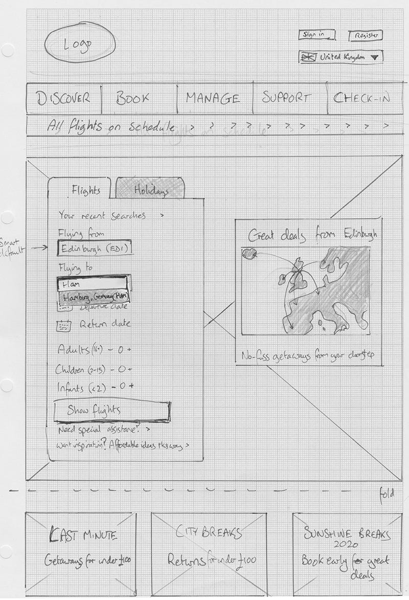 Detailed sketch of FlyUX home page