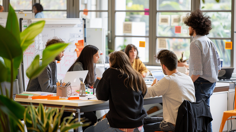 employees engaged in a brainstorming session around a whiteboard