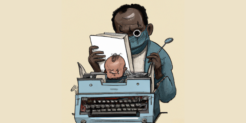 Black author with a typewriter and a baby — Writers: “Kill Your Darlings” But Love Your Ugly Babies