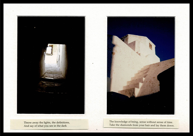 Two author photos. The first shows a dark passageway looking into the lit street at the end, and the second shows the white steps of a Greek church roof.