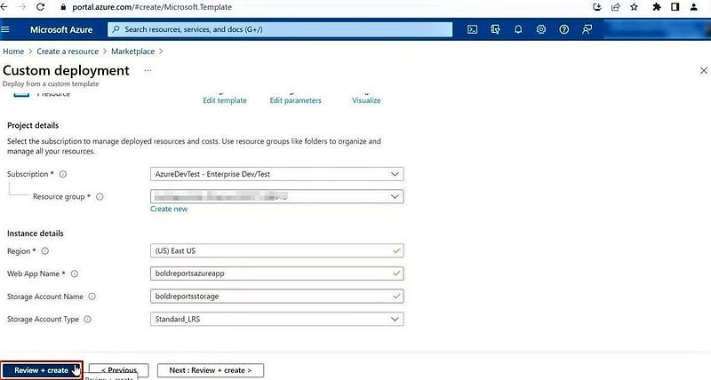 Enabling deployment by reviewing and creating.
