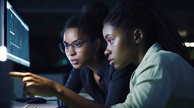 Two dark female programmers sitting at the same desk, looking at the screen. One points towards the screen.