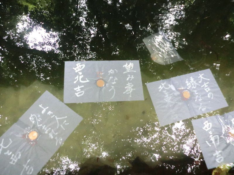 Paper floats on a pool of water at Yaegaki Shrine in Shimane Prefecture