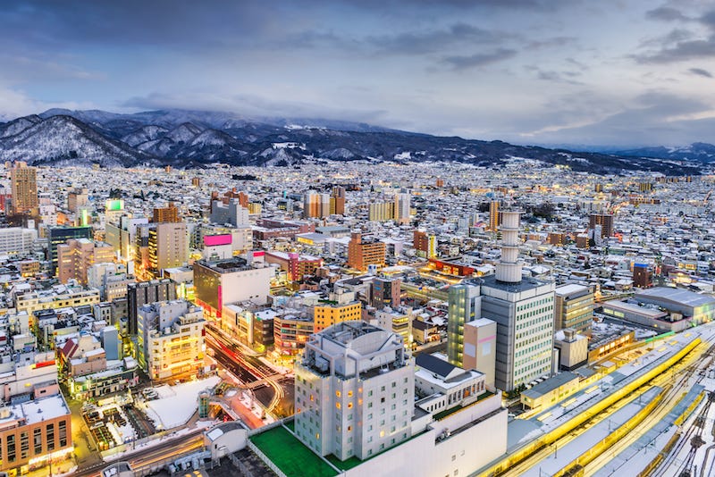 Yamagata City, the capital of Yamagata Prefecture, as seen during winter