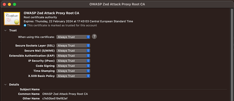 Screenshot of the Key chain app in Mac OS to Always trust the installed CA certificate