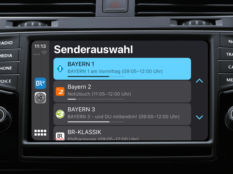 Car radio showing the BR Radio home screen (station selection)