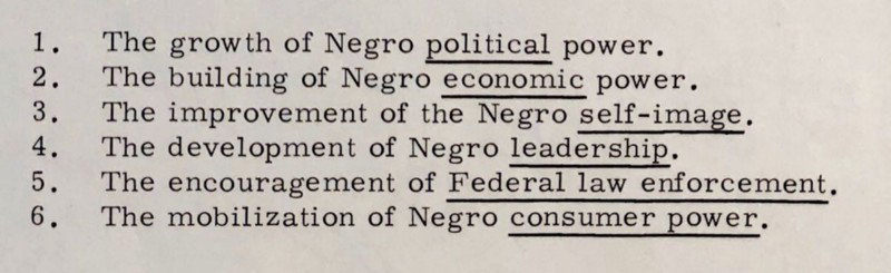 CORE’s six goals of the Black power movement: 1. The Growth of Negro political power. “Political” is underlined for emphasis. 2. The building of Negro economic power. “Economic” is underlined. 3. The improvement of the Negro self-image. “Self-image” is underlined. 4. The development of Negro leadership. “Leadership” is underlined. 5. The encouragement of Federal law enforcement. “Federal Law enforcement” is underlined. 6.  The mobilization of Negro Consumer power. “Consumer power:” is underlined