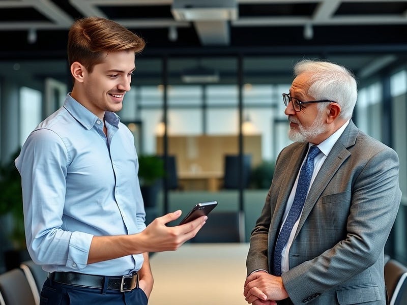 A young professional confidently explaining a smartphone app to an attentive older executive in a modern office setting.