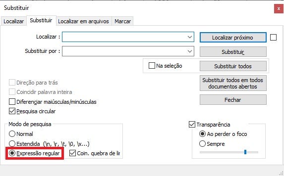 selecionando a opcao 'expressao regular'